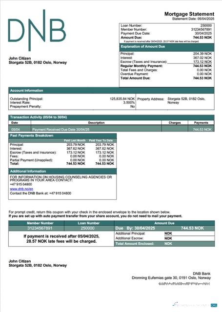 Download Norway DNB Bank mortgage statement Word and PDF template Photoshop template